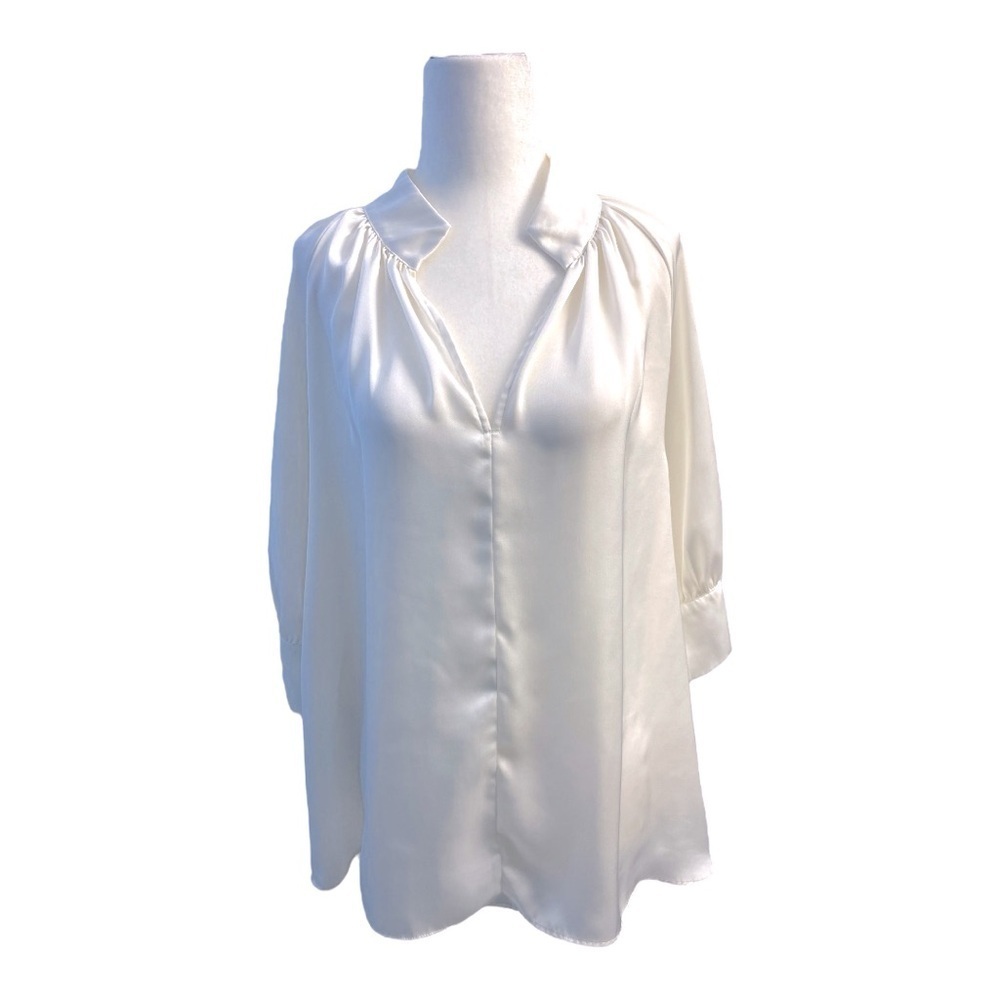 H&M White Satin V Neck Blouse Lightweight Slightly Sheer Oversized Size M